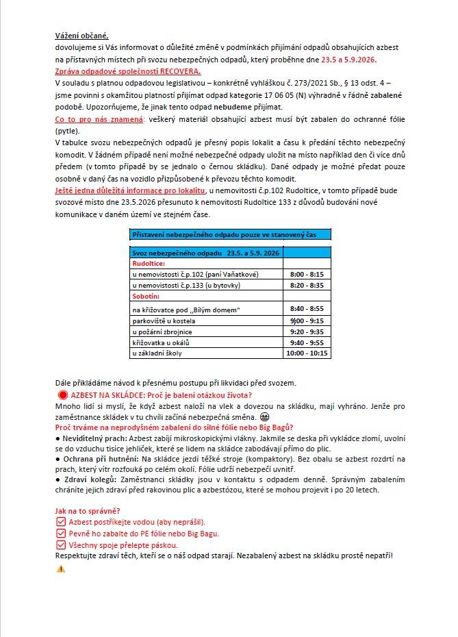 Zpráva odpadové společnosti RECOVERA a návod přesného postupu při likvidaci azbestu před svozem.