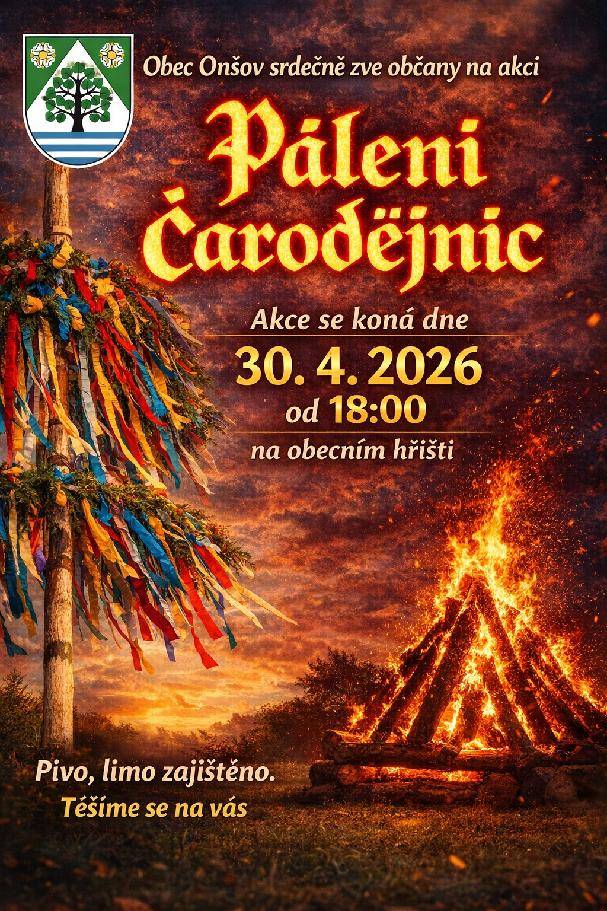 Obec Onšov srdečně zve občany na akci Pálení čarodějnic 30.4.2026 od 18:00 na obecním hřišti.