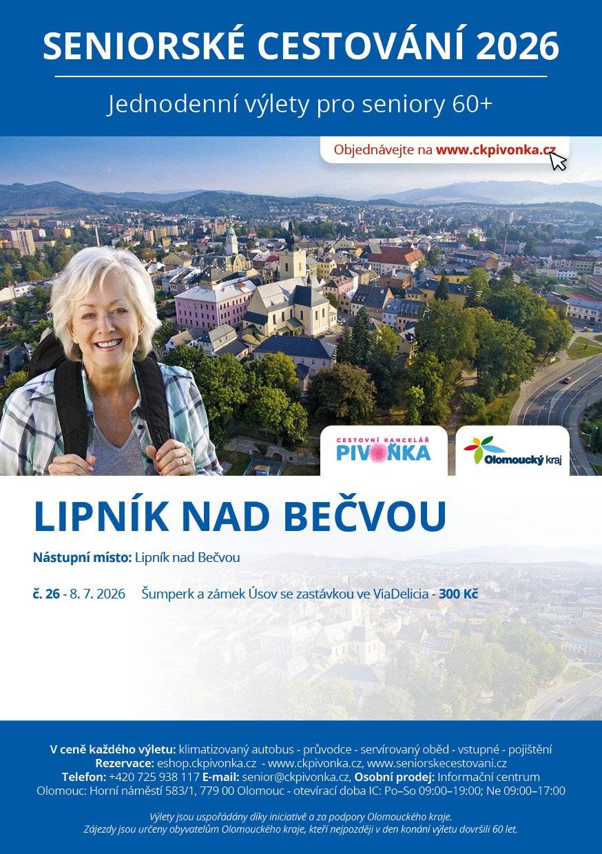 🚐Olomoucký kraj každoročně připravuje pro seniory projekt Seniorské cestování – a letos vyrazí i z Lipníka nad Bečvou. Odjezd je z autobusového nádraží v 7:30 hodin a stále zbývá 39 volných míst. 🏫Součástí výletu bude návštěva Šumperka, malebného města s bohatou historií a architekturou přezdívané „Malá Vídeň". Program bude dále pokračovat návštěvou rodinné konzervárny ViaDelicia, kde bude možné si prohlédnout výrobu tradičních delikates a ochutnat regionální speciality. Výlet bude zakončen na zámku Úsov s jedinečným lovecko-lesnickým muzeem plným sbírek z celého světa. 💸V ceně je zahrnuta doprava, průvodce, oběd ve Staré Sladovně, vstupné i pojištění. Váš příspěvek činí pouze 300 Kč. Návrat do Lipníka nad Bečvou je plánován do 18:00 hodin. Rezervujte na www.ckpivonka.cz nebo osobně na Informačním centru Olomouc, podloubí radnice, Horní náměstí.