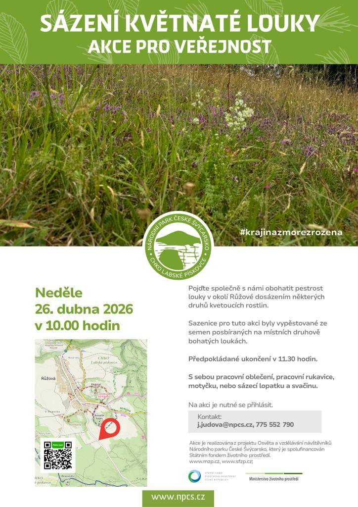 Přijďte s námi obohatit pestrost louky v okolí Růžové dosázením některých druhů kvetoucích rostlin. Akce se koná v neděli 26. dubna 2026 v 10.00 hodin. Sazenice pro tuto akci byly vypěstovány ze semen posbíraných na místních druhově bohatých loukách. Je nutné se na akci přihlásit a doporučujeme si v