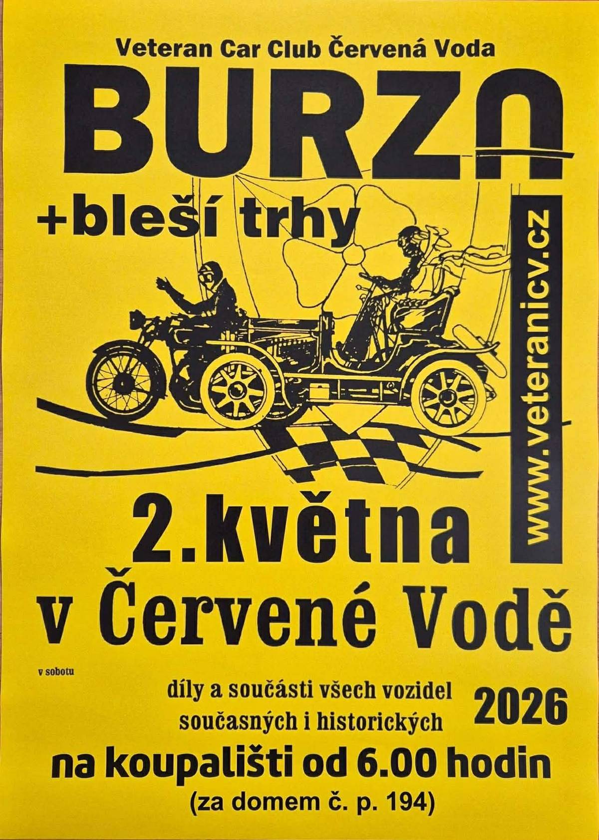 Veteran Car Club Červená Voda vás srdečně zve na tradiční akci pro všechny milovníky aut, motorek i dobrých nákupů! Akce se koná v sobotu 2. května 2026 na koupališti v Červené Vodě (za domem č. p. 194). Začínáme už od 6:00 hodin. Těšit se můžete na: • díly a součásti vozidel (současných i historických) • bleší trhy • jedinečnou atmosféru mezi nadšenci do veteránů Přijďte si něco koupit, prodat nebo se jen podívat a nasát atmosféru! Zdroj: Facebook obce Č. Voda