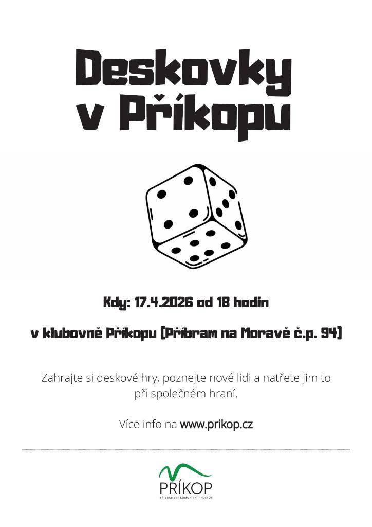 Příbramský komunitní prostor vás srdečně zve na další setkání u deskových her. To se uskuteční v pátek 17.4.2026 od 18 hodin v klubovně Příkopu.