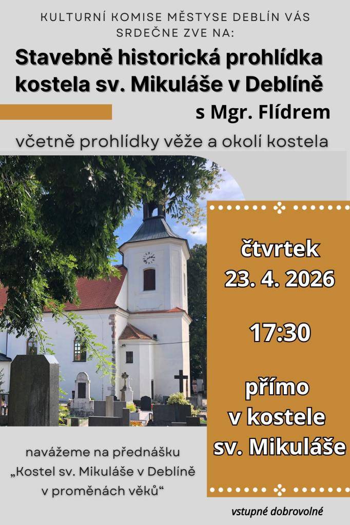 Kulturní komise městyse Deblín srdečně zve na další přednášku Mgr. Aleše Flídra s názvem „Stavebně historická prohlídka kostela sv. Mikuláše v Deblíně“ včetně prohlídky věže a okolí kostela. Přednáška se uskuteční 23. dubna v 17:30 hod.