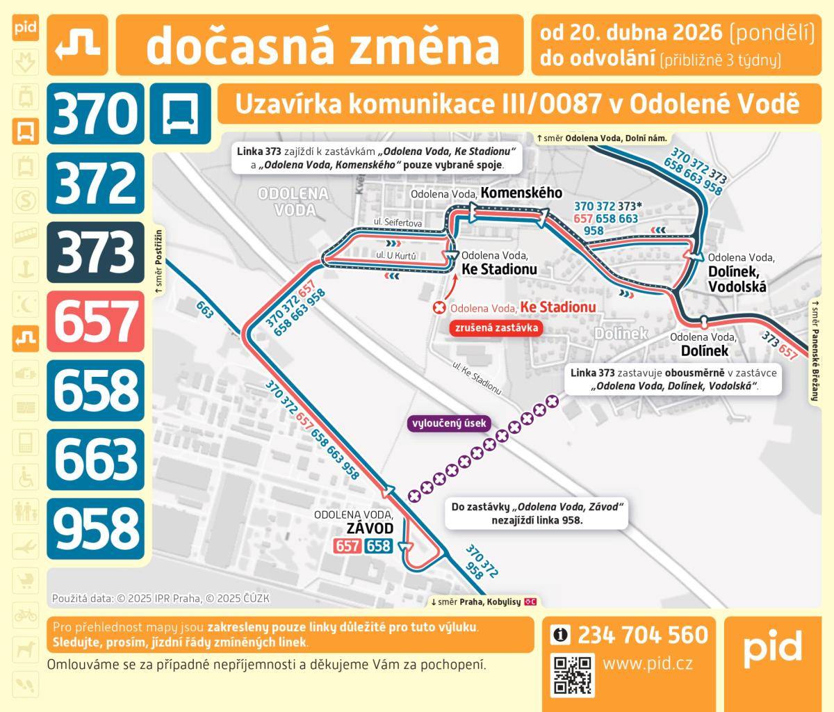Z důvodu uzavírky silnice č. III/0087 v Dolínku dochází na cca 3 týdny k úpravě trasy autobusové linky 373 v oblasti Odoleny Vody.