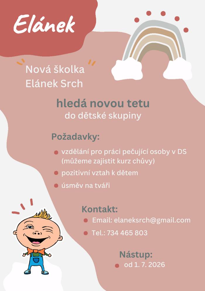 Nová školka Elánek Srch hledá novou tetu do dětské skupiny.
