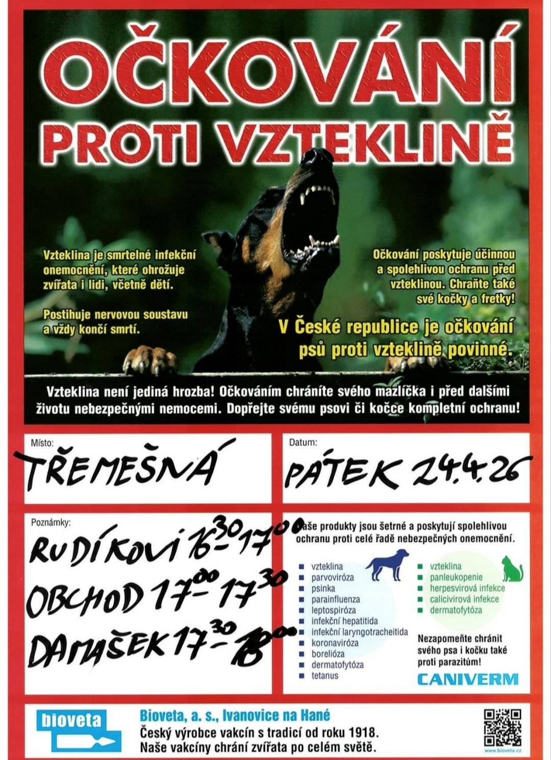 Obecní úřad oznamuje, že v pátek 24.4.2026 proběhne očkování psů proti vzteklině. Čas očkování: Rudíkovy 16:30 -17:00     Třemešná 17:00 - 17:00   OBCHOD Damašek 17:30 - 18:00