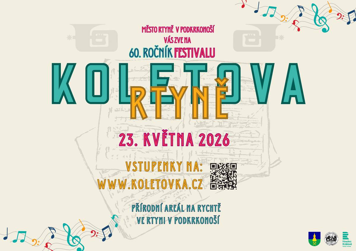 Rtyně v Podkrkonoší zve na jubilejní 60. ročník festivalu Koletova Rtyně, který se uskuteční v sobotu 23. května 2026 ve Rtyni v Podkrkonoší.Přijďte si užít jedinečnou atmosféru tradiční hudební slavnosti, setkání přátel a bohatý kulturní program. Těšíme se na vás! 🎶🥁🎺