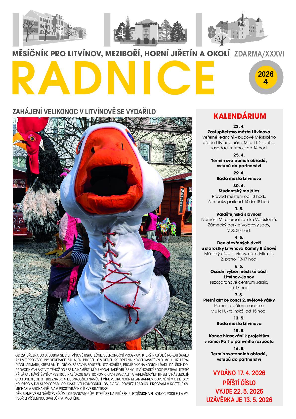 Vážení občané, přinášíme Vám aktuální vydání měsíčníku Radnice č. 4 ze dne 17. dubna 2026. Noviny si zobrazíte níže či kliknutím na odkaz👇🏻 https://www.mulitvinov.cz/assets/File.ashx?id_org=8604&id_dokumenty=488158