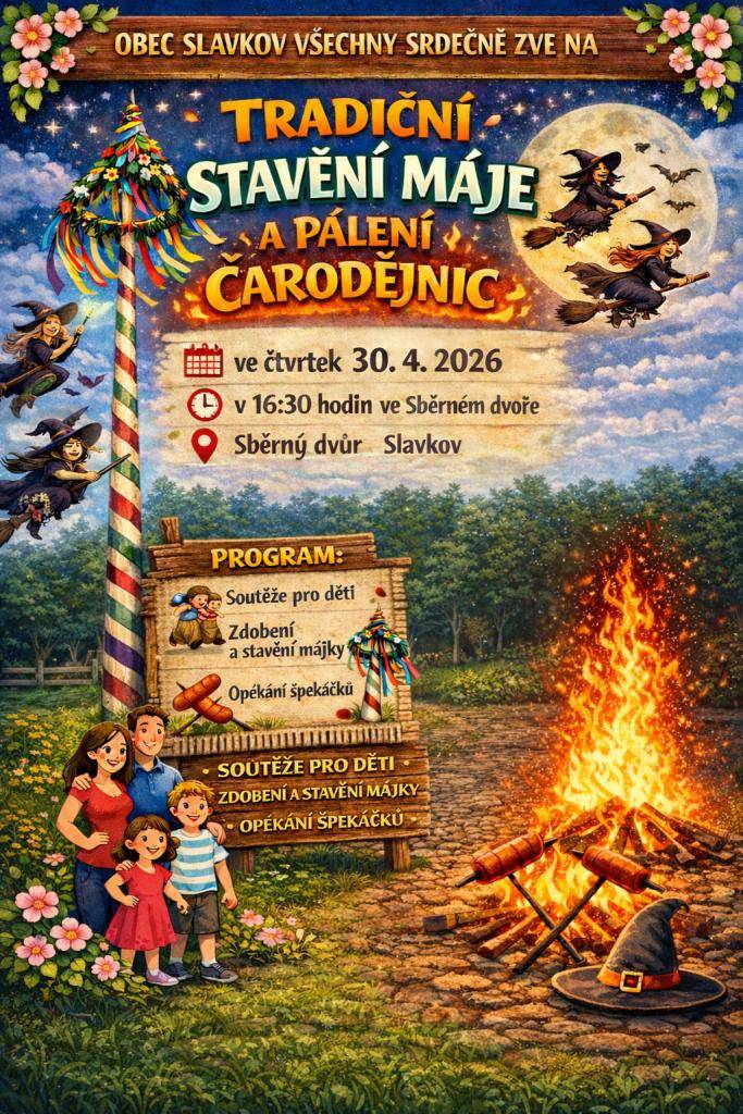 Pálení čarodějnic a stavění máje ve čtvrtek 30.04.2026 ve sběrném dvoru. Sraz v 16:30 hod. Bude připraveno zábavné odpoledne, opékání špekáčků, stavění máje apod. Těšit se můžete na čepované pivko a další pochutiny.