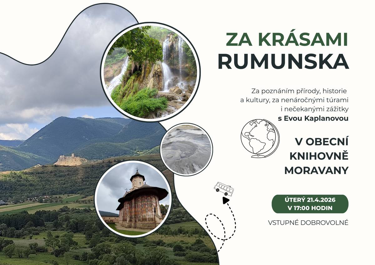 Zveme Vás na besedu s Evou Kaplanovou na téma "Za krásami Rumunska", která se koná dne 21. 4. 2026 od 17,00 hod. v obecní knihovně