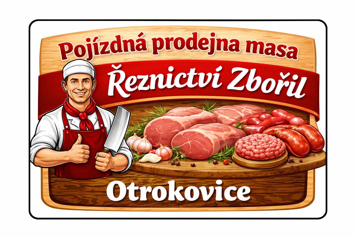 Pojízdná prodejna masa Zbořil Otrokovice bude ve středu 15.4. prodávat u OÚ od 13.30 do 13.50 čerstvé bourané vepřové a hovězí maso z českých chovů, vlastní uzeninu a zabijačku.