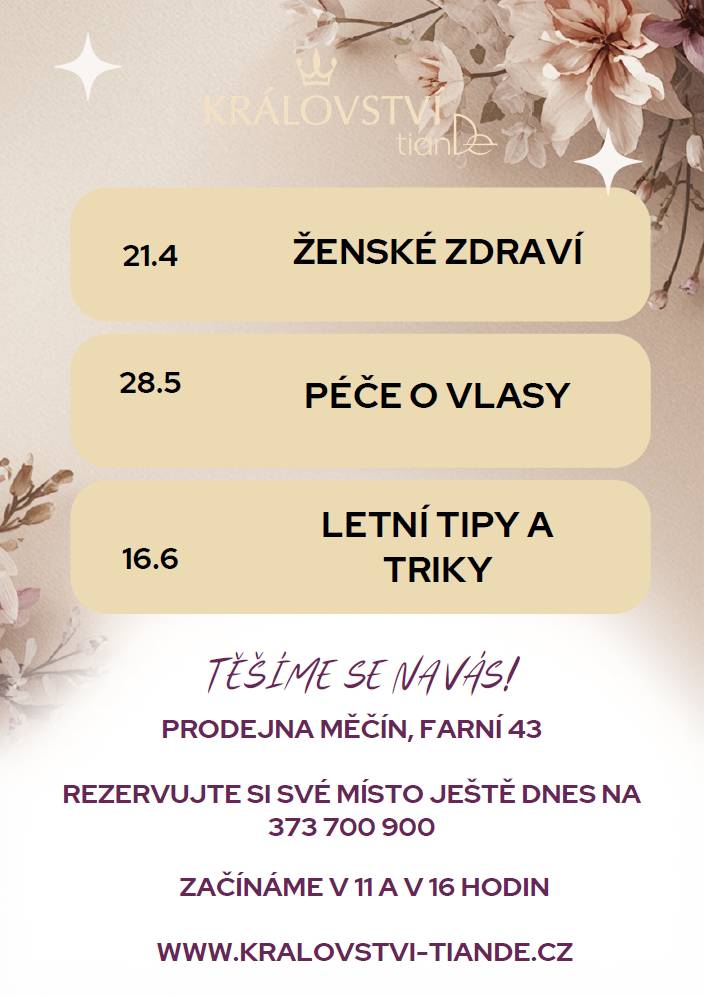 Akce 'Ženské zdraví' se koná 21. dubna 2026 v prodejně KRÁLOVSTVÍ TianDe v Měčíně. Zaměříme na moderní pomůcky pro ženy, jejich výhody a nevýhody. V přátelské atmosféře si můžete udělat přehled o tom, co nejlépe vyhovuje vašemu tělu a jak dosáhnout většího pohodlí v každodenním životě.