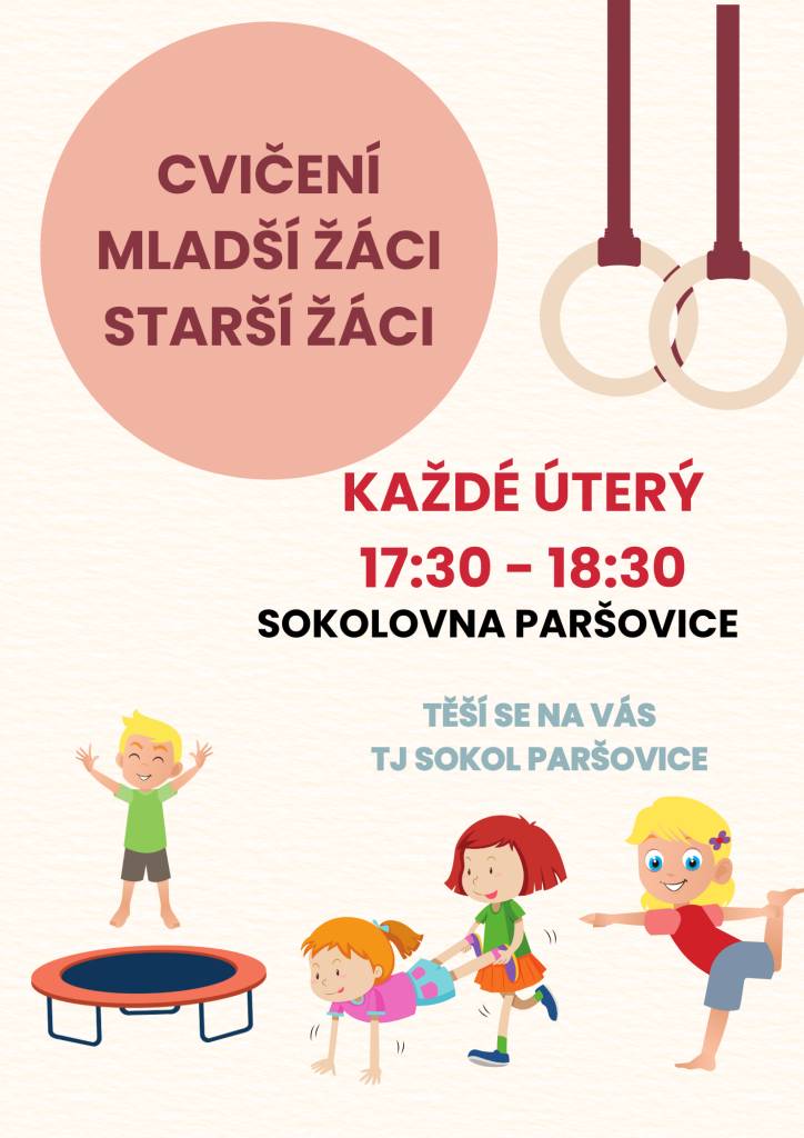 Cvičení mladších a starších žáků probíhá každé úterý od 17:30 do 18:30 v Sokolovně v Paršovicích. Akce je určena pro mladší i starší žáky, kteří mají zájem o sport a chtějí se zapojit do cvičení. V novém roce začínáme od 13.01.2026.