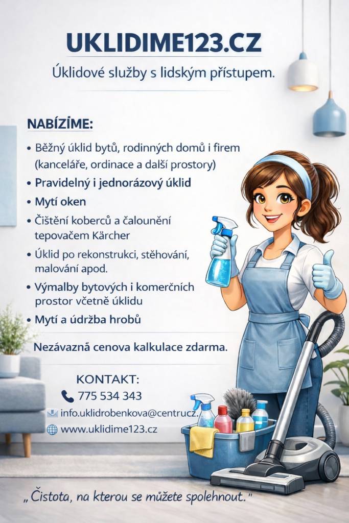 Nabízíme běžný úklid bytů, rodinných domů i firem.  Tel. kontakt: 775 534 343