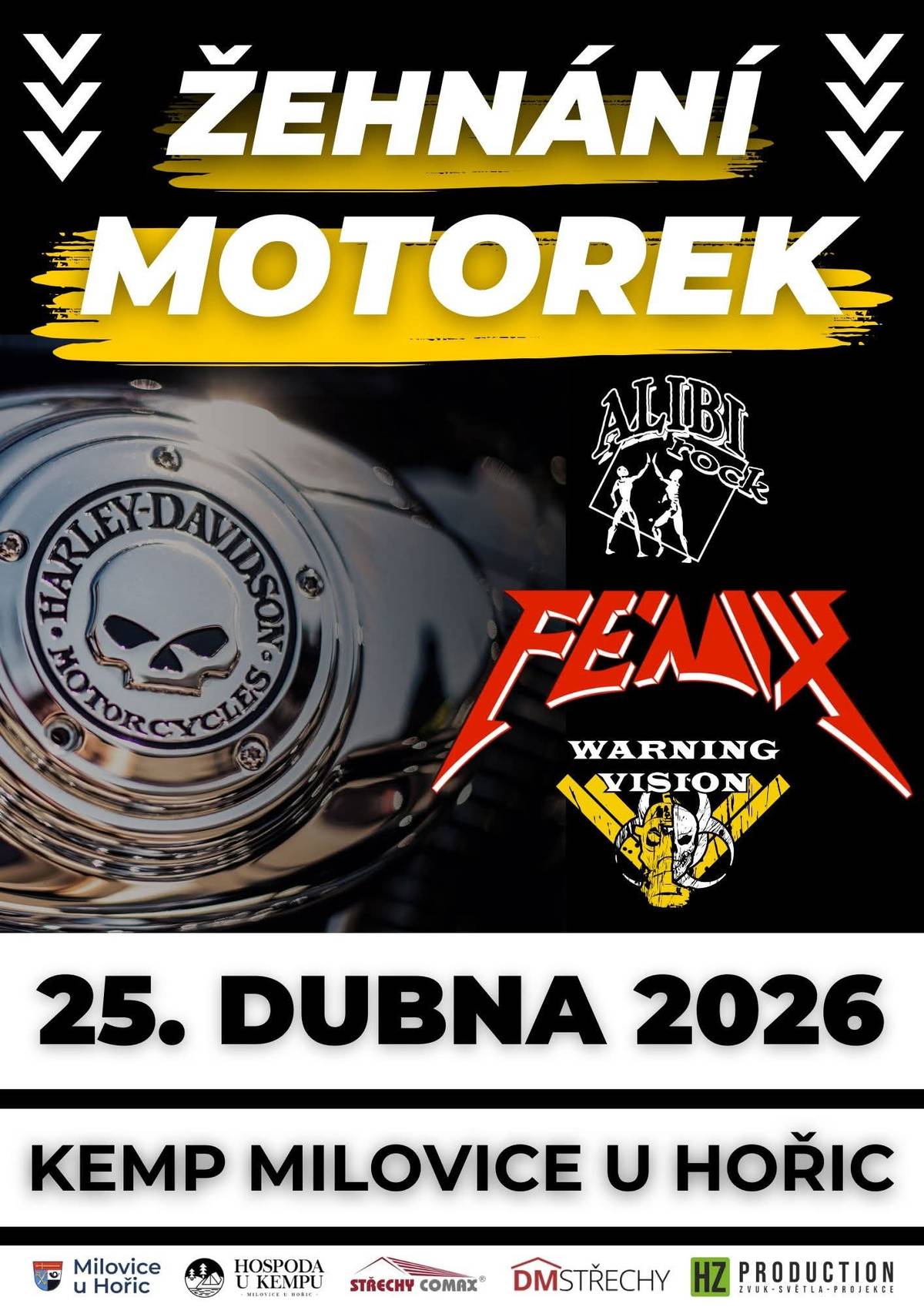 Vůně benzínu, zvuk vyladěných strojů a nekonečná cesta před námi. Sezóna 2026 klepe na dveře a my ji chceme zahájit tak, jak se na správnou motorkářskou rodinu sluší a patří – společně, s respektem a v duchu přátelské soudržnosti 🖤 Srdečně vás zveme na další ročník tradičního Žehnání motorek, který se uskuteční v sobotu 25. dubna v dobře známém prostředí kempu v Milovicích u Hořic. Akci pořádají Pavlína Křepelová a Martin Dvořák. Na co se můžete těšit? 💥 ⛪️Duchovní doprovod: Pan farář požehná našim strojům i nám samotným. Společně poprosíme o ochranu a šťastné návraty z cest pro všechny jezdce i jejich spolujezdce. 🏍️Spanilá jízda: Po obřadu vyrazíme na společnou vyjížďku, abychom rozvibrovali asfalt a odstartovali tuto sezónu stylově a hlavně společně! 🔥Rock-metalový nářez: Po návratu do kempu to pořádně rozbalíme! Čeká nás pořádná porce muziky v podání kapel: 🤘Warning Vision (www.warningvision.cz) 🤘Fénix (www.fenix-rock.cz) 🤘Alibi rock (https://www.facebook.com/alibi.rock.2024) 🎟 Vstupné: 350,- Kč Celý den bude areál otevřen pro všechny – ať už přijedete v sedle, nebo dorazíte „po svých“, všichni budou vítáni! 🌟Zábava a napětí: Těšit se můžete na překvapení a bohatou tombolu, ve které budou slosovatelné všechny zakoupené vstupenky. 🏕️Zůstaňte s námi klidně i přes noc! Dobrého jídla a pití bude dost a v kempu je možné sjednat ubytování, abyste si mohli užít večerní atmosféru naplno. Veškeré informace o ubytování vám poskytne: Camp recepce - Dita Ryglová tel.: 602 275 577 e-mail: camp@miloviceuhoric.cz Přijeďte se potkat se starými známými, poznat nové tváře a odstartovat sezónu s čistou hlavou a požehnáním na cestách. Těšíme se na vás v Milovicích!