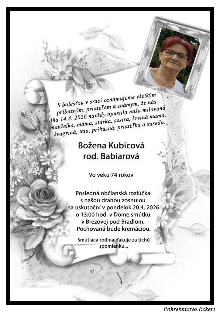 Smútočné oznámenie - Božena Kubicová, rod. Babiarová