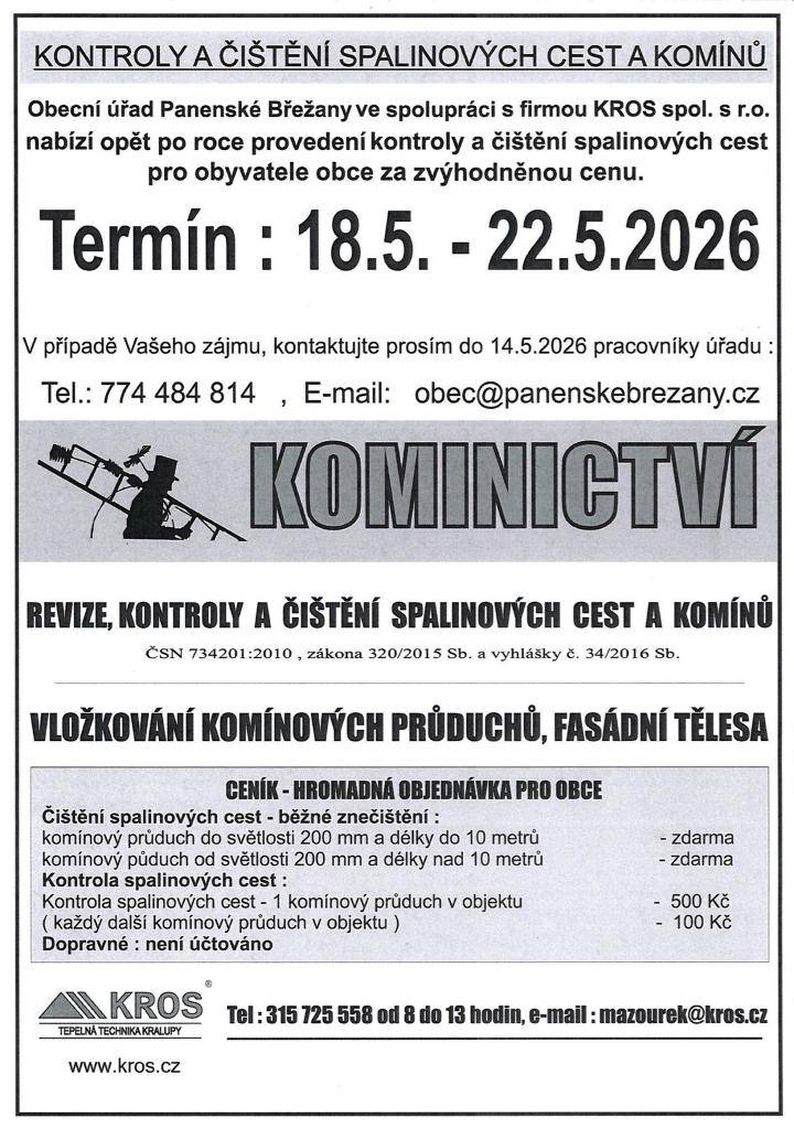 Pokud máte zájem o kontrolu a čištění spalinových cest v uvedeném termínu, můžete si rezervovat konkrétní čas kontroly na obecním úřadě na uvedených kontaktech. Více informací v přiloženém letáku.