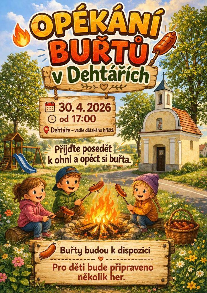 Opékání buřtů v Dehtářích 30.4.2026 od 17:00 hod vedle dětského hřiště. Buřty budou k dispozici a pro děti bude připraveno několik her.