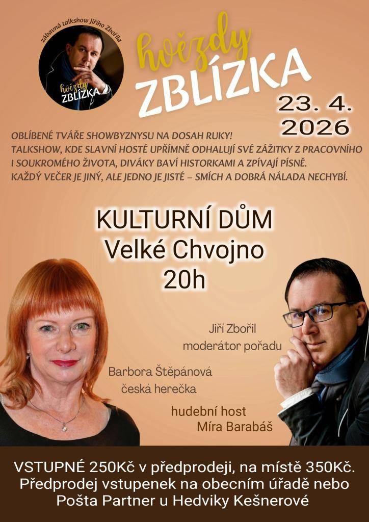 Obec Velké Chvojno zve na zábavnou talkshow Jiřího Zbořila. Bližší informace na plakátu