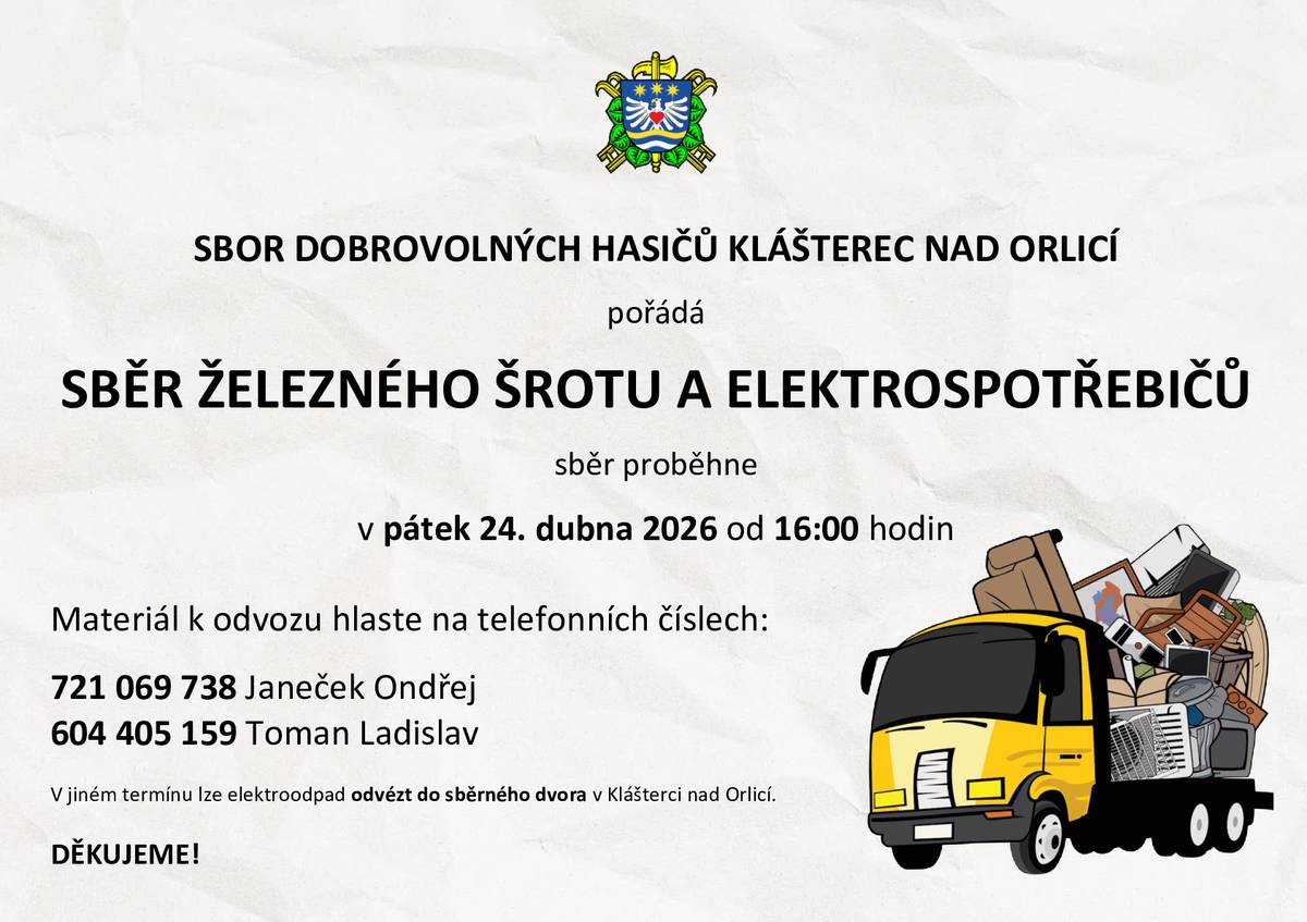 Sbor dobrovolných hasičů oznamuje, že v pátek 24. dubna od 16:00 hodin proběhne tradiční sběr:  železného šrotu   elektrospotřebičů  Materiál k odvozu je nutné předem nahlásit telefonicky na kontakty uvedené na plakátu. Děkujeme všem občanům, kteří se do sběru zapojí