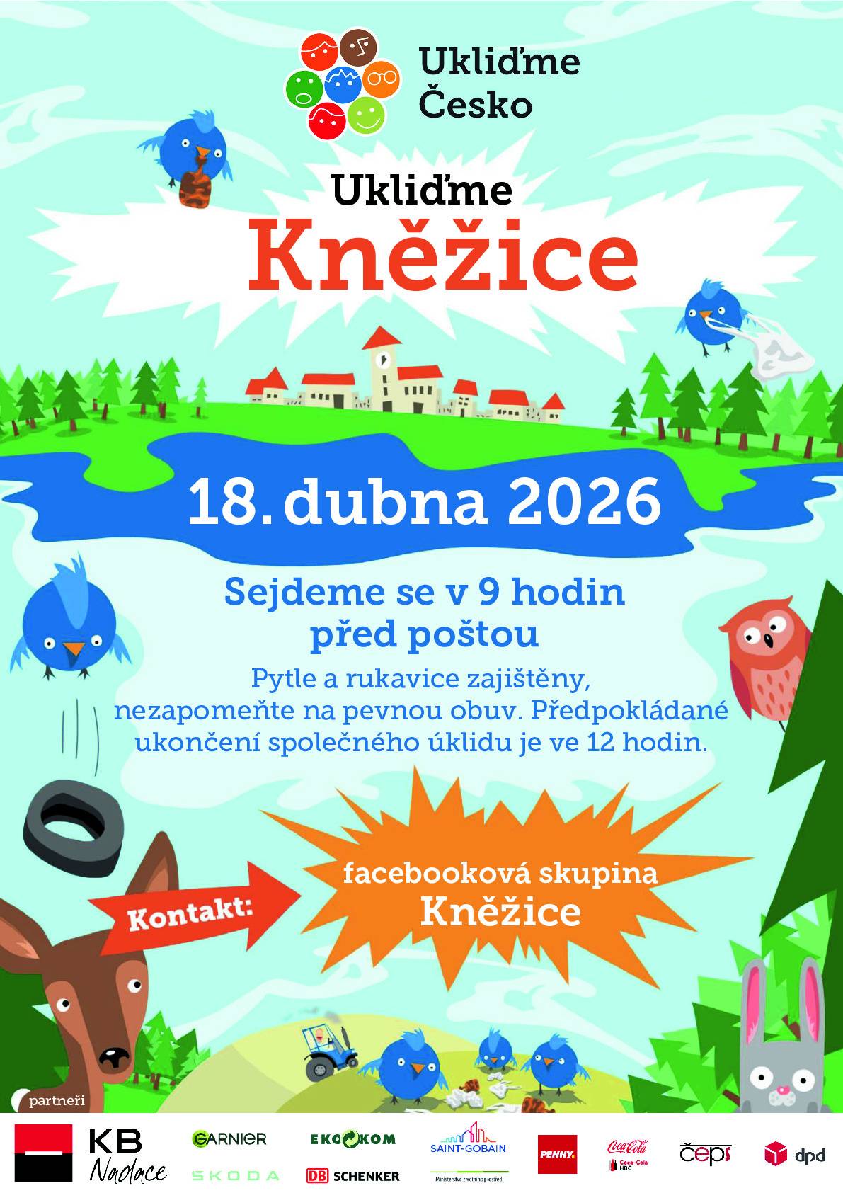 Obec Kněžice pořádá uklízecí akci Ukliďme Kněžice. Společný úklid proběhne v sobotu 18. dubna 2026. Sraz je v prostoru před poštou v 9:00 hod. Pytle a rukavice zajištěny, nezapomeňte na pevnou obuv. Předpokládané ukončení společného úklidu je ve 12:00 hodin.