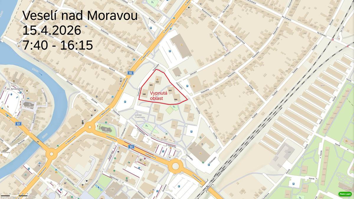 Z důvodu plánovaných prací na zařízení distribuční soustavy - rekonstrukcí, oprav, údržbových a revizních prací - bude přerušena dodávka elektrické energie ve středu 15. 4. na ul. Chaloupky č. p. 580 až 584 od 7:40 do 16:15.