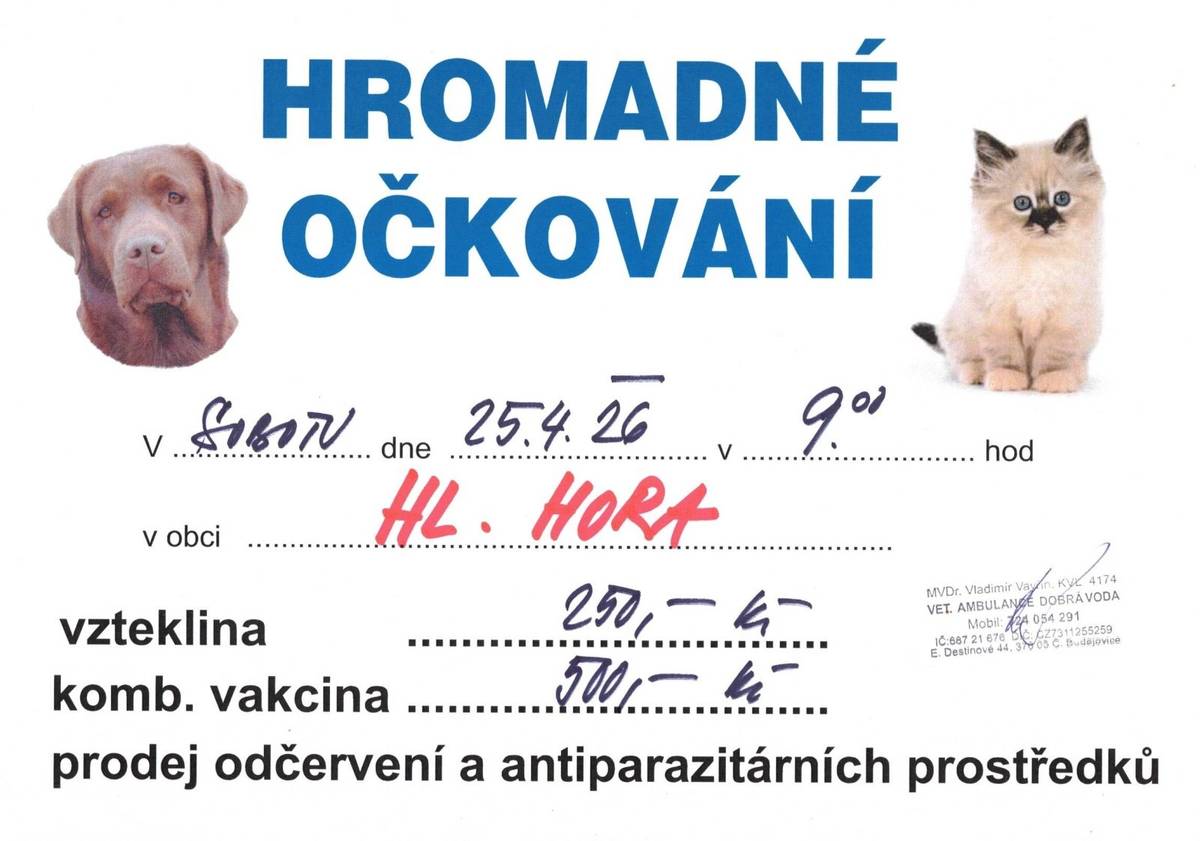 Hromadné očkování psů a koček - sobota 25.4.2026 v 9:00 u hospody
