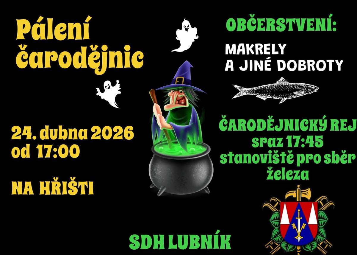 SDH Lubník Vás srdečně zve na tradiční pálení čarodějnic v pátek 24.4.2026 od 17:00. Slet malých čarodějnic a čarodějů je naplánován u stanoviště pro sběr železa v 17:45.Průvodem se pak dostaneme na hřiště,kde společnými silami zapálíme hranici.