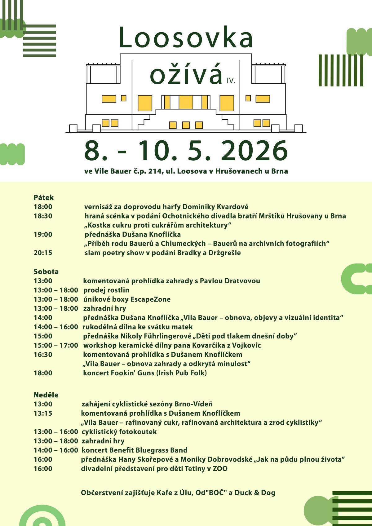 Zveme Vás na výjimečný kulturní víkend 8.–10. května 2026 ve Vile Bauer č. p. 214, ul. Loosova.   Využijte jedinečnou možnost projít si běžně nepřístupné prostory a zažít jejich autentickou atmosféru doplněnou bohatým kulturním programem – ještě před plánovanou rekonstrukcí. 🎭🎵🌷   Navštivte místo, kde se psal příběh rafinovaného cukru a zároveň vznikala rafinovaná architektura Adolfa Loose, spojující industriální historii s architektonickým dědictvím. 🏭   Rafinovaný cukr × rafinovaná architektura zde vytvářejí jedinečný charakter a příběh místa, který stojí za to zažít.