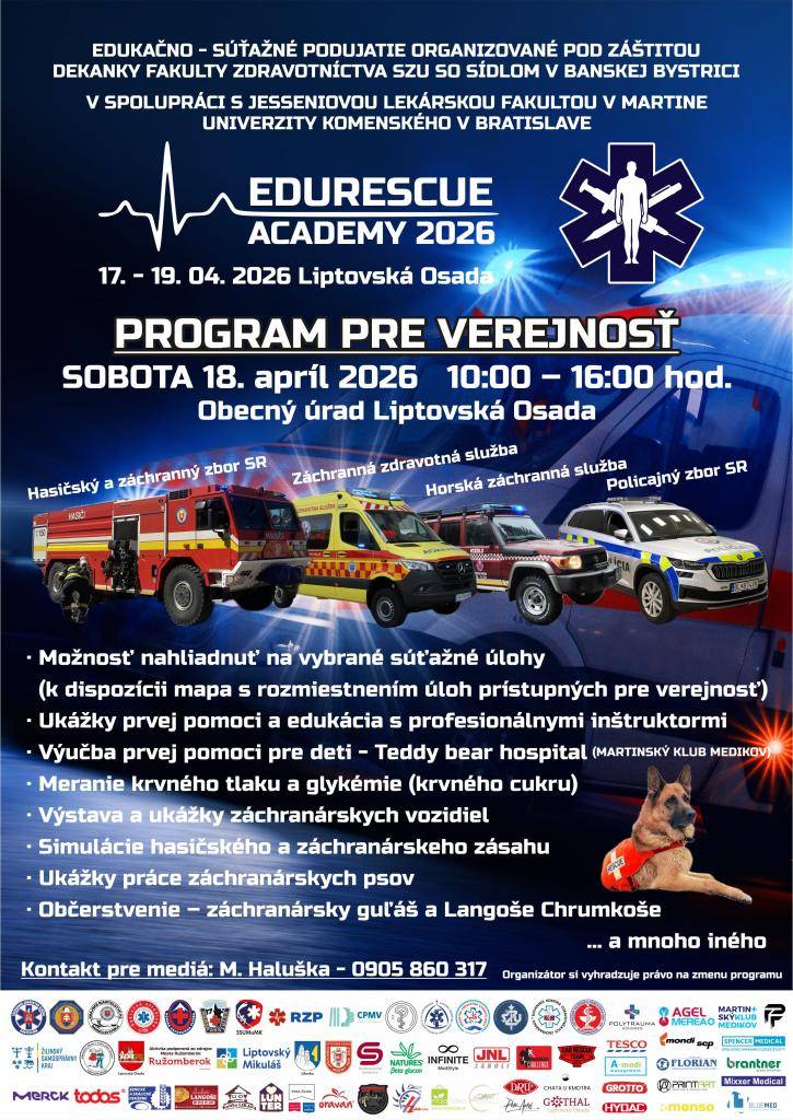 Od 17. do 19. apríla 2026 sa v Liptovskej Osade uskutoční podujatie EDURESCUE Academy 2026, ktoré ponúkne program pre verejnosť vrátane ukážok prvej pomoci a súťažných úloh.