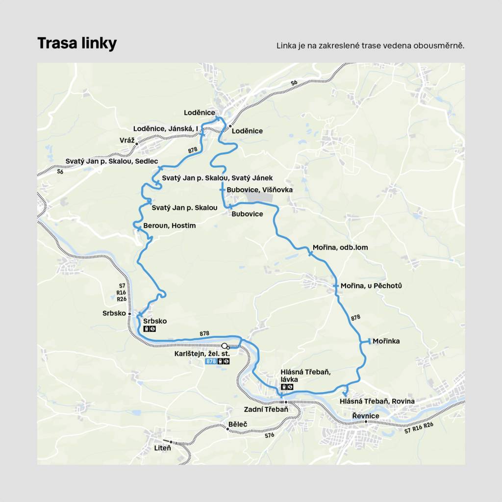 Nová autobusová linka č. 878 začne fungovat od 1.7.2026 a propojí nejvýznamnější místa Českého krasu, jako jsou Karlštejn a Svatý Jan pod Skalou. Bude v provozu o víkendech a svátcích až do konce října.