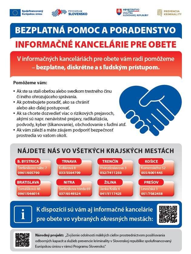 Milí Tlmačania,   dávame do pozornosti služby Informačnej kanceláre pre obete trestných činov, ktorú nájdete v Leviciach na Rozmarínovej 4 - Okresný úrad. Služby sú bezplatné. Kontakty: oxana.poliakova@minv.sk,+421961573027
