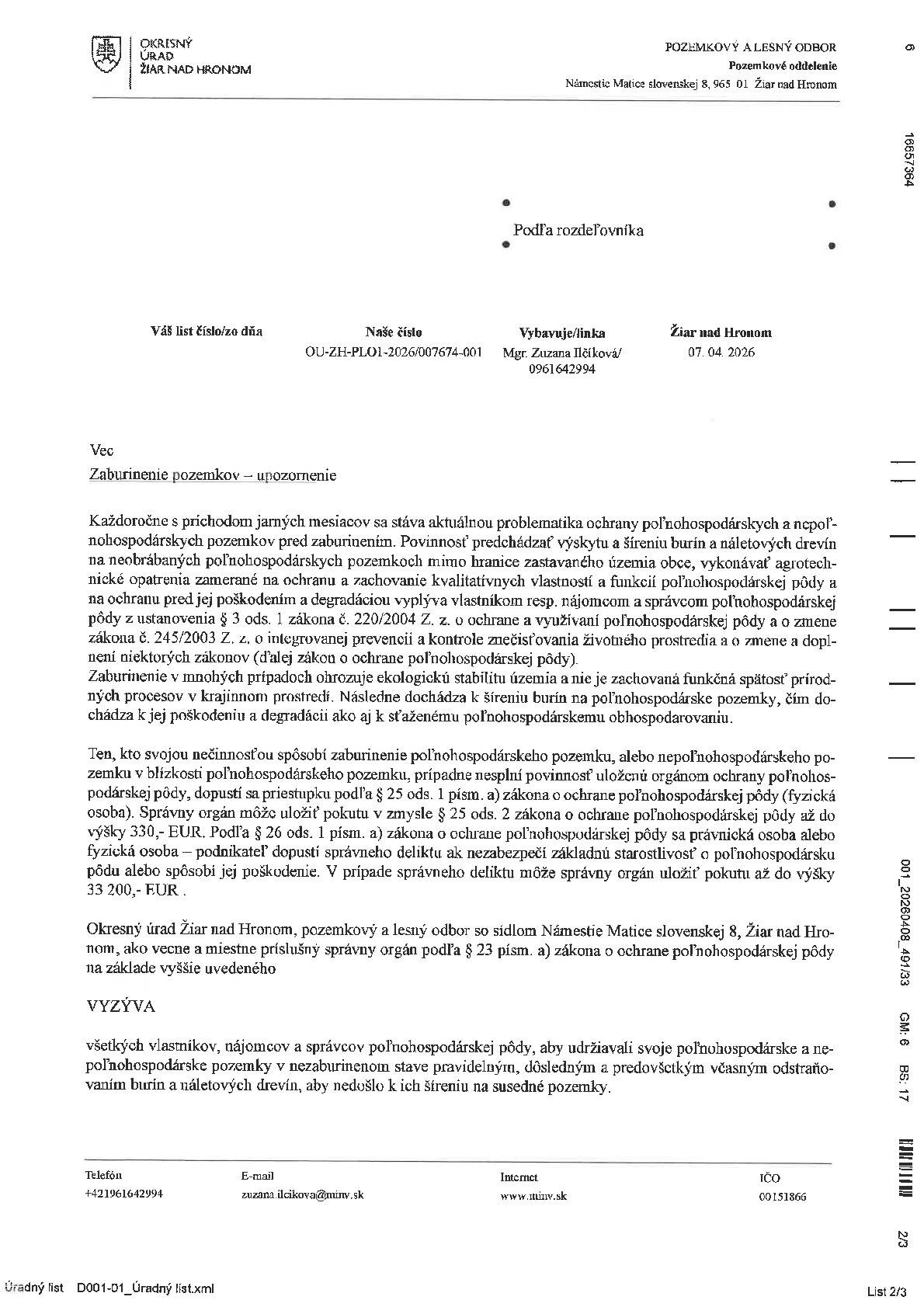 Zaburinenie pozemkov-UPOZORNENIE