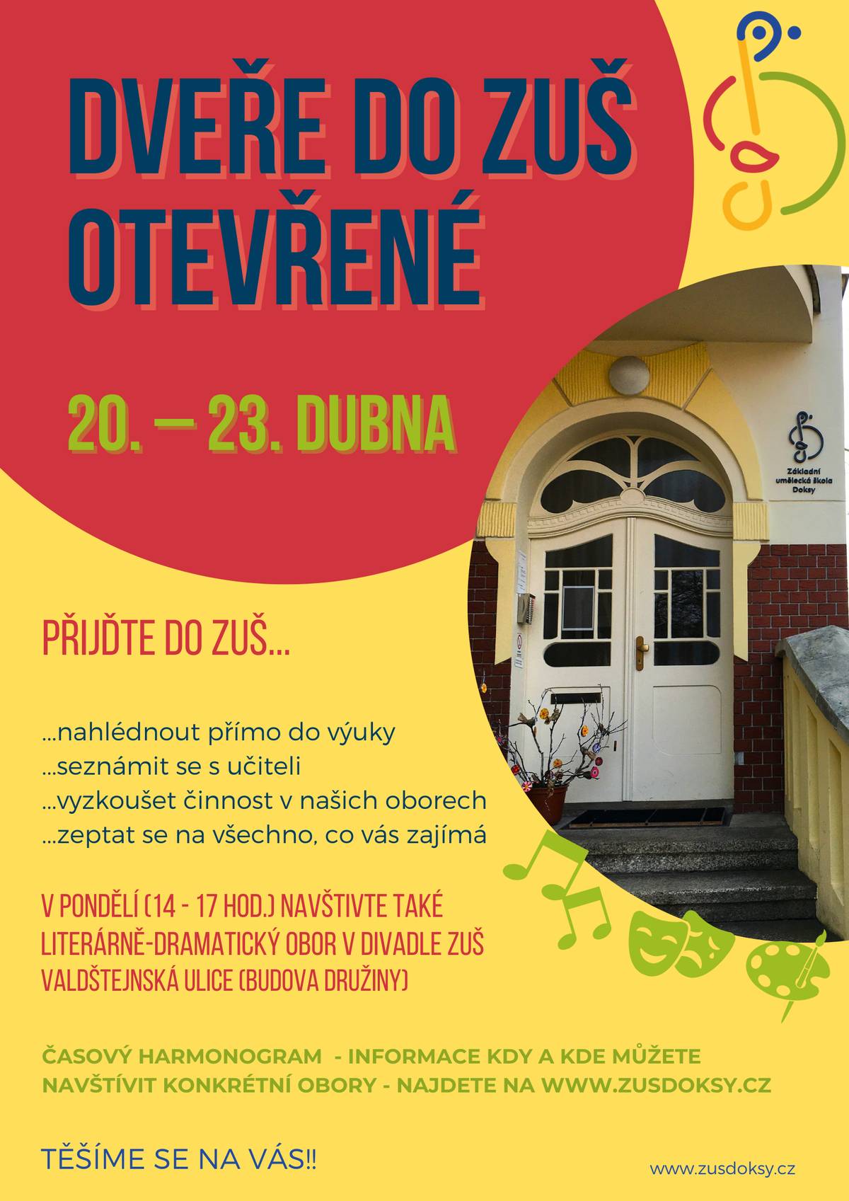 Základní umělecká škola v Doksech srdečně zve k návštěvě školy. 🎨 Nahlédnete do výuky, 🎼 seznámíte se s pedagogy, 🖌️ poznáte jednotlivé umělecké obory, ✨ načerpáte tvůrčí atmosféru školy. Nebojte se vstoupit do budovy i jednotlivých tříd a podívat se přímo do reálné výuky. 👉 Více informací najdete na webu: https://zusdoksy.cz/zveme-vas-do-zus-dny-otevrenych-dveri-20-23-dubna/