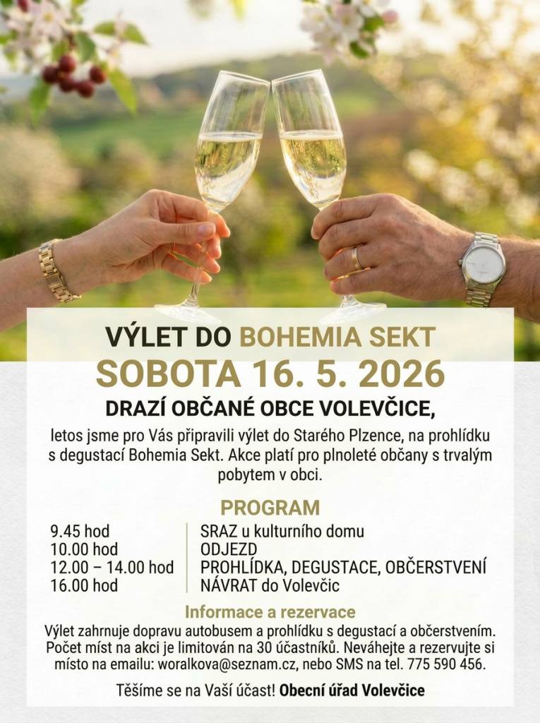 Výlet do Starého Plzence na prohlídku s degustací Bohemia Sekt v sobotu 16. května 2026.