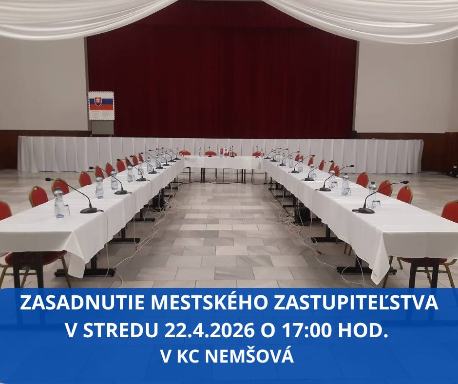 🗂️32. zasadnutie Mestského zastupiteľstva v Nemšovej...  ✍️...zvolal zástupca primátora Milan Patka na stredu 22.4.2026 do veľkej sály KC Nemšová o 17:00 hod...  🖇️...okrem majetkových a finančných záležitostí bude podaná informácia o činnosti škodovej komisie v Materskej škole Odbojárov...   👉Všetky materiály na rokovanie si môžete pozrieť na webovej stránke mesta... https://www.nemsova.sk/samosprava/mestske-zastupitelstvo/zapisnice-uznesenia-a-materialy-na-rokovanie-msz/32-zasadnutie-mestskeho-zastupitelstva-v-nemsovej-dna-17-4-2026/