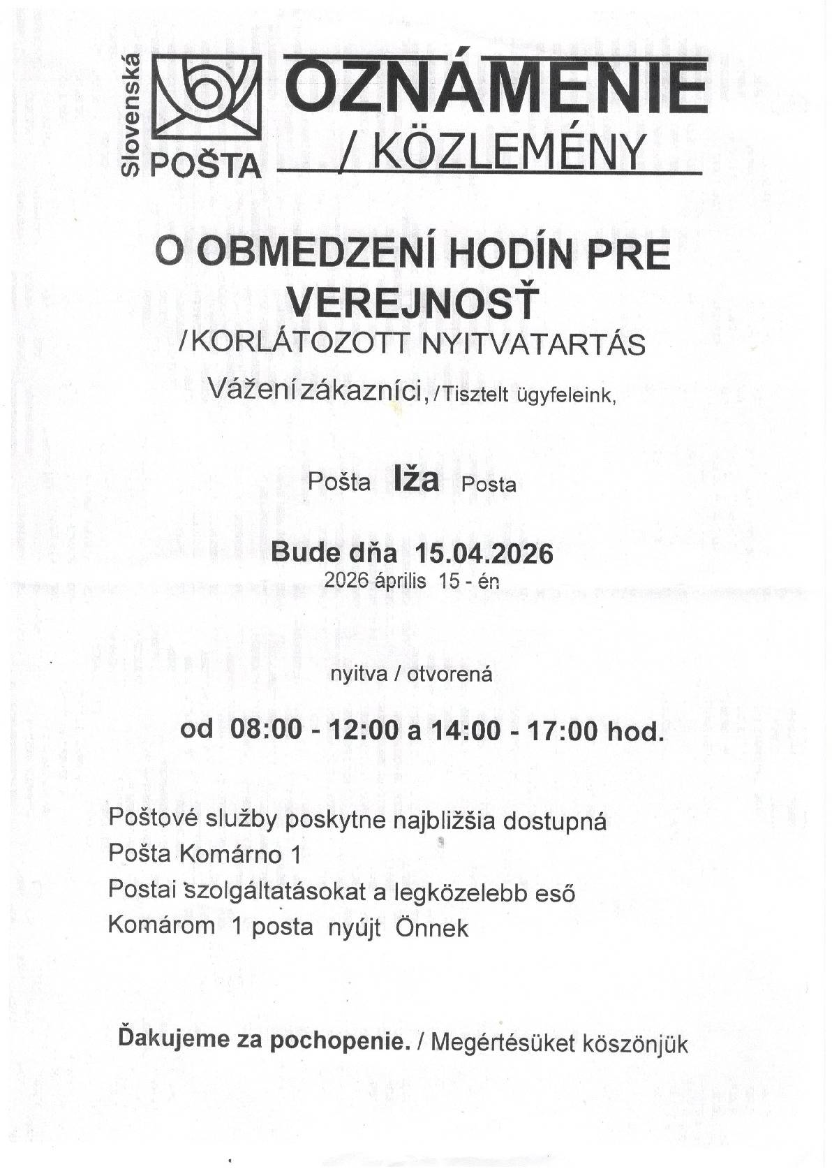Oznámenie Pošty Iža / Izsai postahivatal közleménye