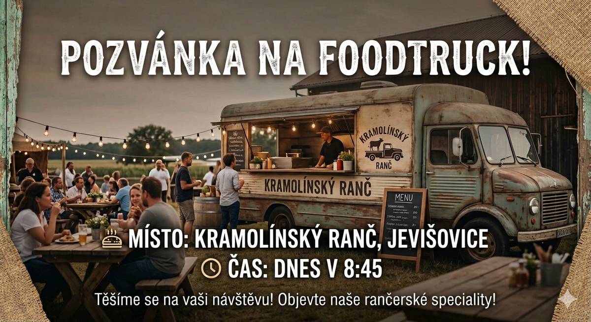 OZVÁNKA NA FOODTRUCK V sobotu 18. dubna k vám do Jevišovic – ke kruhovému objezdu zavítá pojízdná prodejna FoodTruck z Kramolínského ranče. 🕘 Čas zastávky: 08:45–09:15 🍖 Na co se můžete těšit? Tradiční zvěřinové a zabijačkové speciality:  kančí a mufloní klobásy tlačenka z uzeného masa uzené vepřové maso škvarky a sádlo kančí paštika jitrnice a jelita  🍲 Teplé občerstvení:  dančí guláš dršťková polévka černá zabijačková polévka  🥡 Jídlo si můžete odnést s sebou v jídlonosičích 💳 Možnost platby kartou 👉 Přijďte ochutnat! V sobotu 18. dubna od 08:45 do 09:15 ke kruhovému objezdu v Jevišovicích.