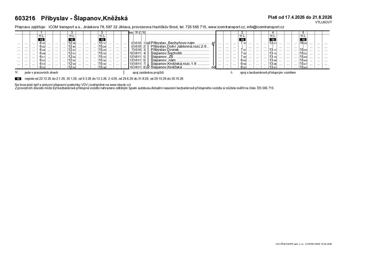 Výlukový jízdní řád linky 603216 bude platný od 17. 4. 2026 do 21. 8. 2026 z důvodu uzavírky sil. II/131 v obci Přibyslav, ul. Rašínova.  Další informace o řešení autobusové dopravy v rámci této (i dalších uzavírek) naleznete na stránkách www.idsvdv.cz v sekci Mimořádnosti a výluky -> Autobusové výluky.