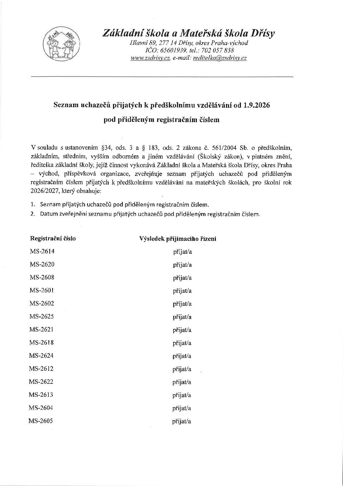 Seznam žáků přijatých do MŠ pro školní rok 2026/2027