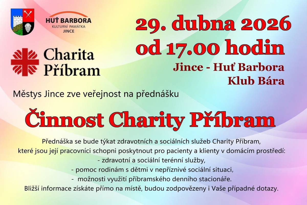29. dubna od 17 hodin se koná v huti Barbora - Klubu Bára přednáška, která se bude týkat zdravotních a sociálních služeb Charity Příbram, které jsou její pracovníci schopni poskytnout pacientům a klientům v domácím prostředí. Na přednášce získáte spoustu informací a budou Vám zodpovězeny veškeré dotazy.