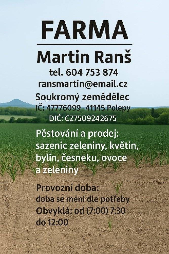 V pátek 17.4.2026 proběhne, již tradičně, prodej květin, bylin a sadby na náměstí Míru u městského úřadu.Provozní doba : 7:00 - 12:00 hod.