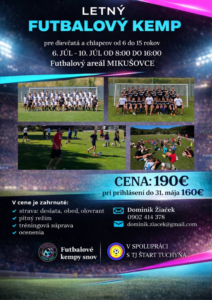 V dňoch 6. júla - 10. júla 2026 v čase od 8:00 hod. do 16:00 hod. sa v Mikušovciach uskutoční letný futbalový kemp pre dievčatá a chlapcov od 6 do 15 rokov.