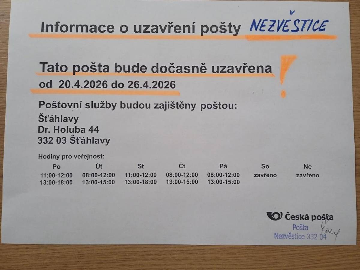 Pošta NEZVESTICE bude dočasně uzavřena od 20. dubna 2026 do 26. dubna 2026.