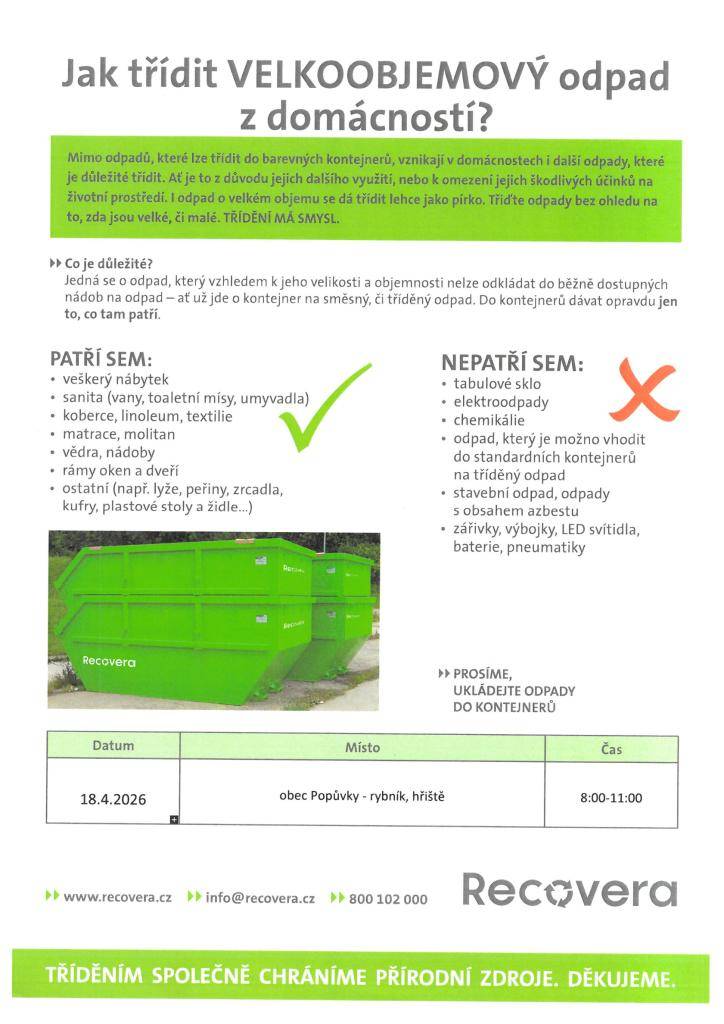 PŘIPOMÍNÁME: již tuto sobotu 18.4.2026 proběhne svoz velkoobjemového odpadu!