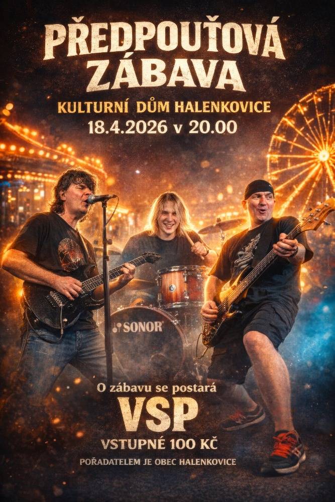 Obec Halenkovice zve v sobotu 18.4.2026 od 20:00 hod. na předpouťovou zábavu v kulturním domě Halenkovice. O zábavu se postará VSP. Vstupné: 100,- Kč