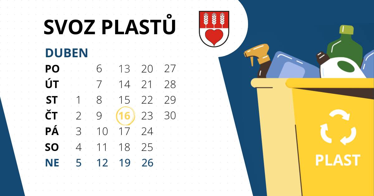 Zítra, ve čtvrtek 16. dubna, proběhne svoz plastů!  Nezapomeňte připravit žluté pytle na obvyklá místa.