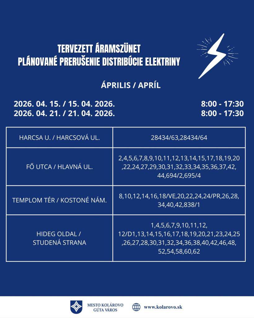 Plánované prerušenie distribúcie elektriny - apríl
