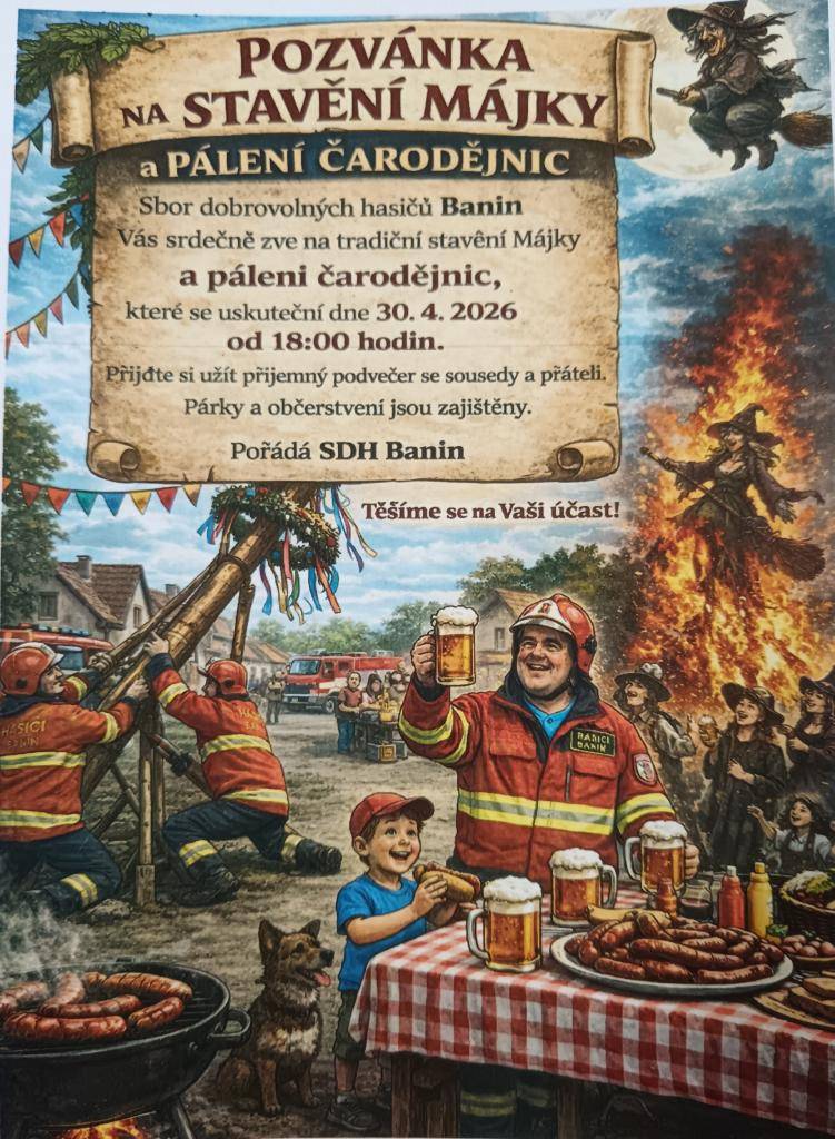 Sbor dobrovolných hasičů Banín vás srdečně zve na stavění Májky a pálení čarodějnic, které se koná 30. dubna 2026 od 18:00 hodin na dvoře kulturního domu.