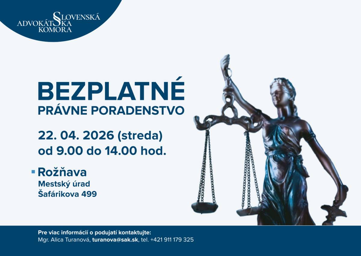 Pri príležitosti Dňa advokácie ponúka Slovenská advokátska komora bezplatné právne poradenstvo 22.04.2026 (streda) od 9.00 do 14.00 hod.